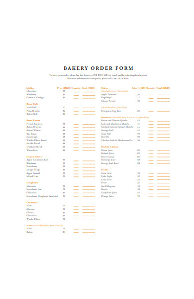 bakery order form sample
