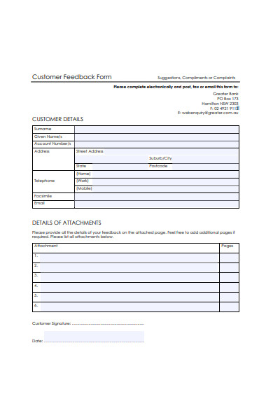 blank customer feedback form template