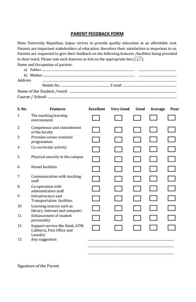 blank parent feedback form