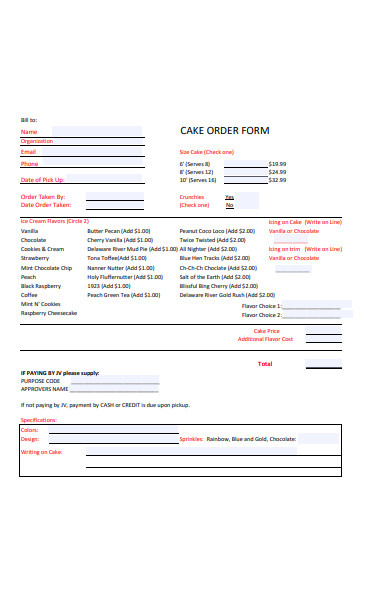 cake size order form