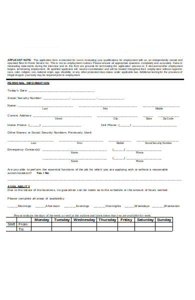 caregiver employment application form