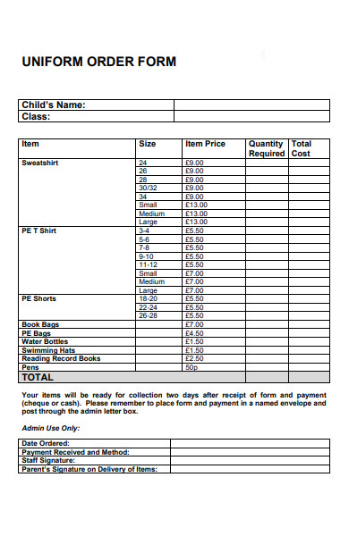 child uniform order form