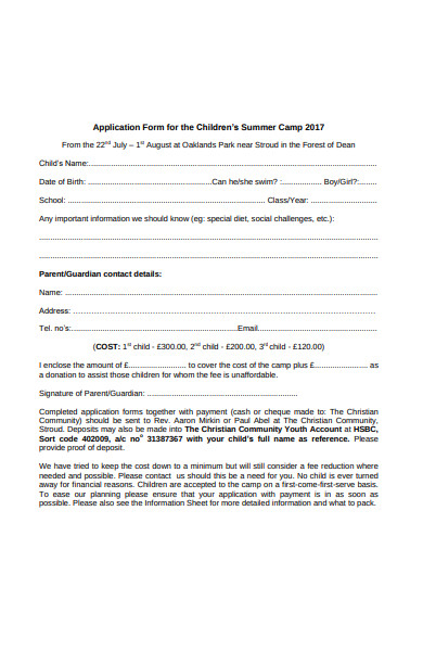 children summer camp application form