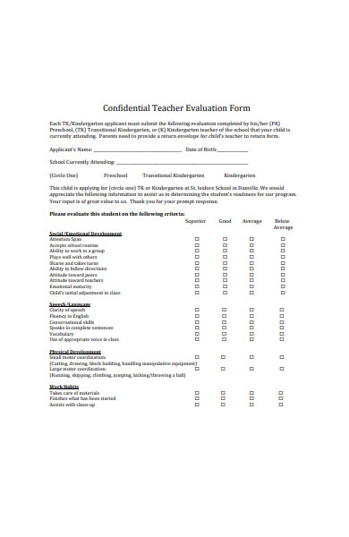 confidential teacher evaluation form in pdf