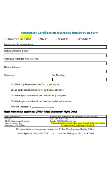 contractor workshop registration forms