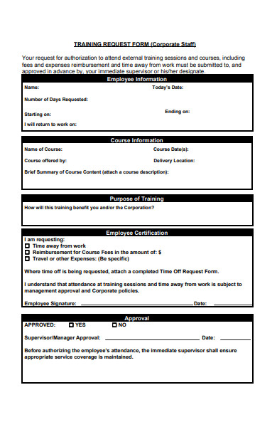 corporate staff training request form