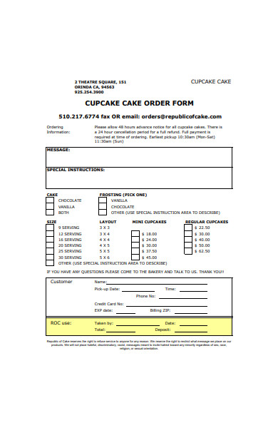 cup cake order form in pdf