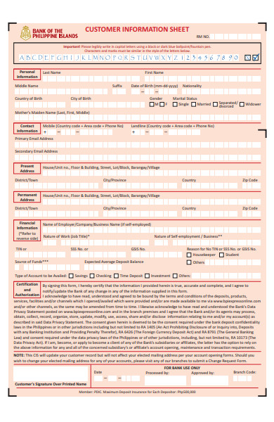 customer information sheet form