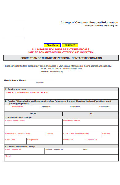 customer personal information form