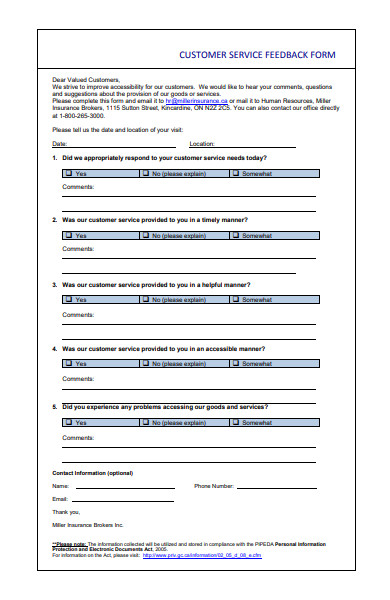 customer service feed back form in pdf