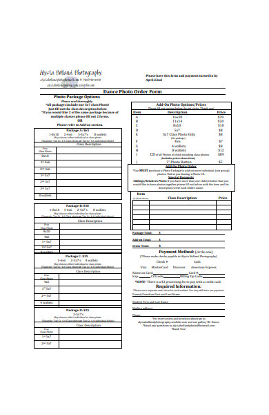 dance photo order form