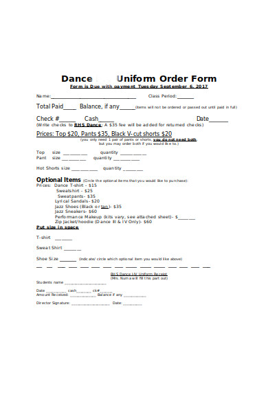 dance uniform order form