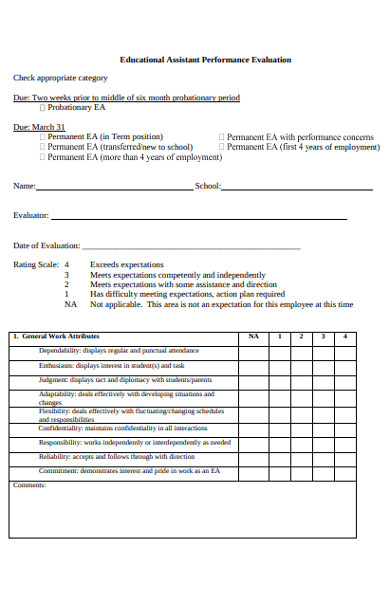 educational assistant performance evaluation form