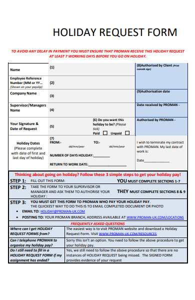 Free 21 Holiday Request Forms In Pdf Ms Word Xls