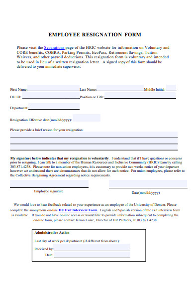 FREE 29+ Employee Resignation Form Samples, PDF, MS Word, Google Docs