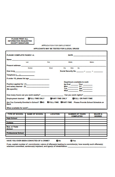 employment application form sample 