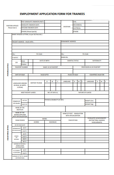 employment application form for trainees