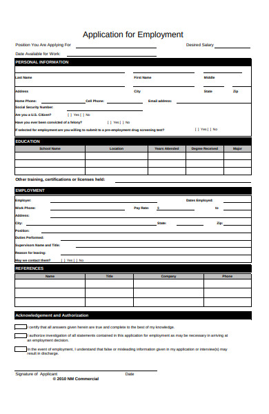 employment information application form