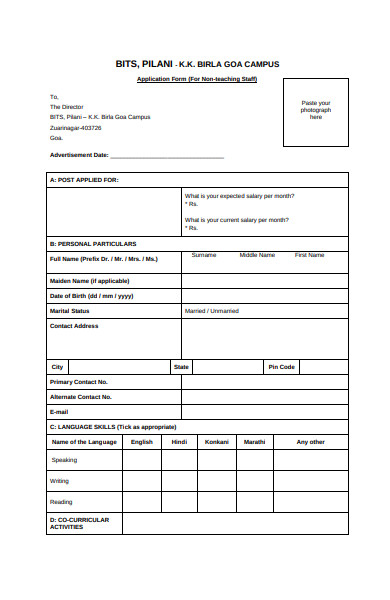 employment staff application form