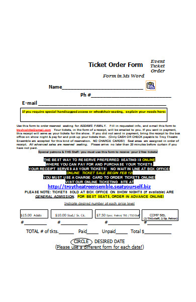 event ticket order form in ms word