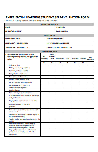 experiential learning student self evaluation form
