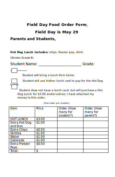 field day food order form