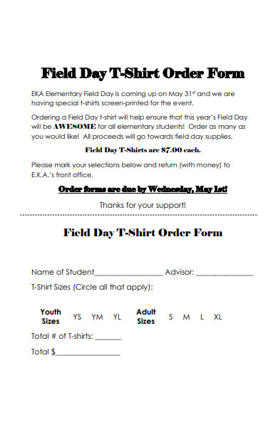 field day t shirt order form