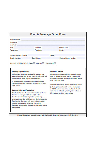 food beverage order form sample