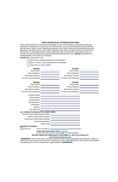 food and beverage authorization form