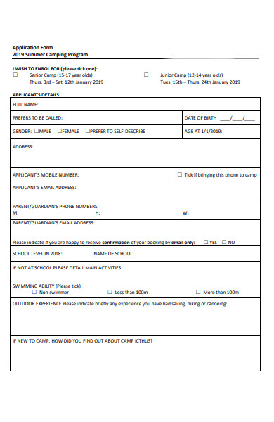 formal summer camp application form
