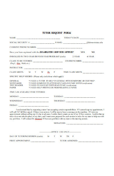 formal tutor request form sample