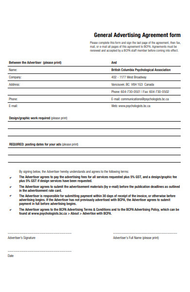 general advertising agreement form