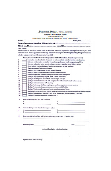 general parent feedback form sample