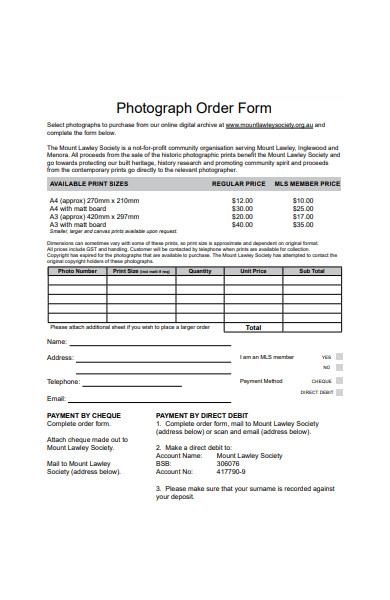 general photograph order form