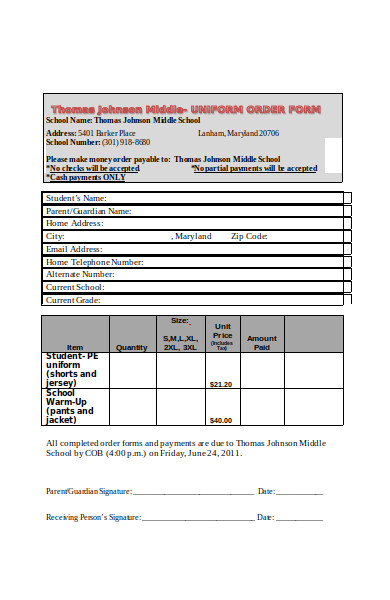 gym uniform order form