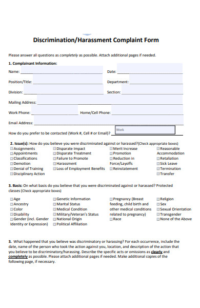 Free 22 Harassment Complaint Forms In Pdf Ms Word 6174