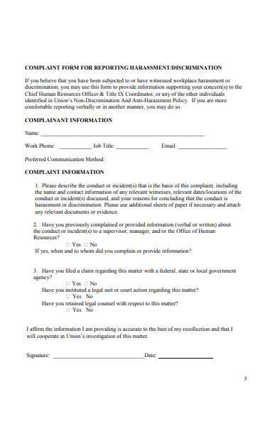 harassment reporting complaint form