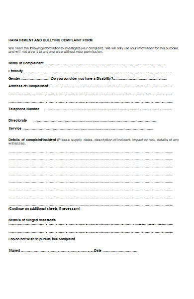 harassment and bulling complaint form