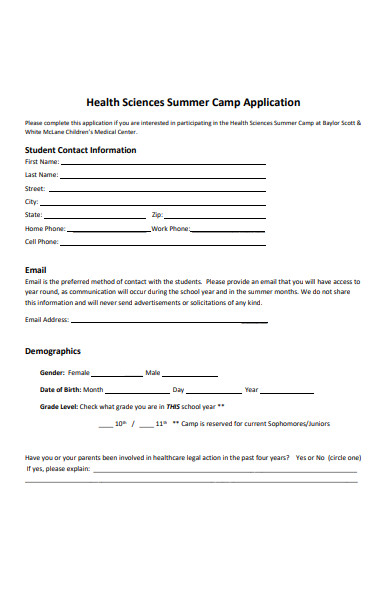 health science summer camp application form