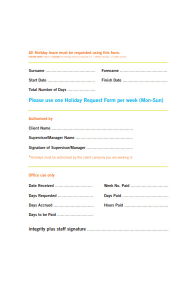 holiday request form per week