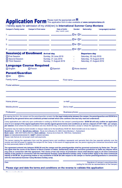 international summer camp application form