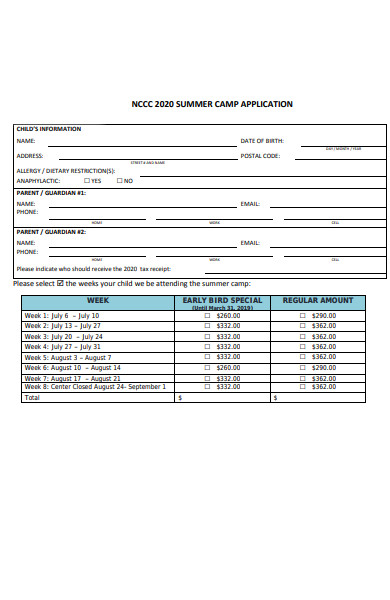 junior summer camp application forms