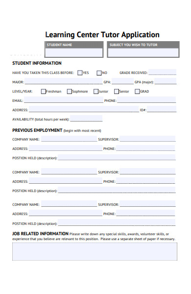 learning center tutor application form