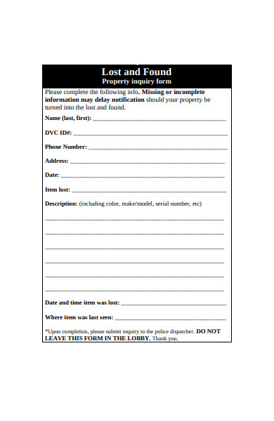 lost and found property inquiry form
