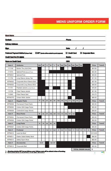 mens uniform order form