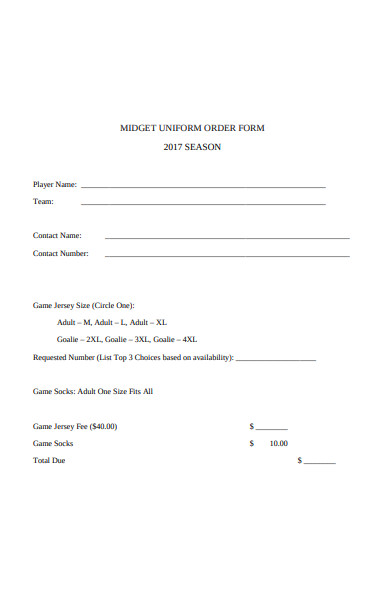 midget uniform order form