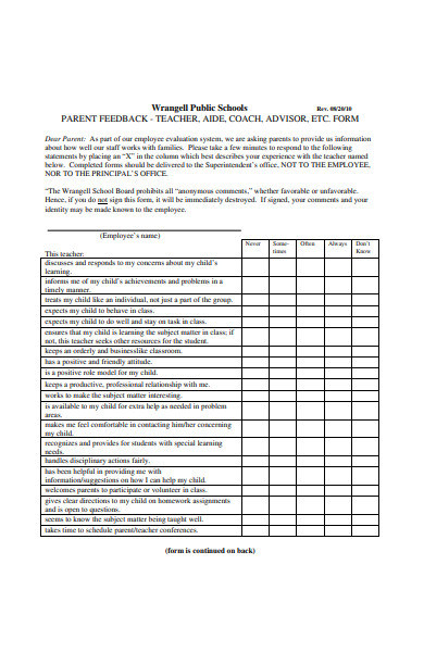 parent feedback form to school