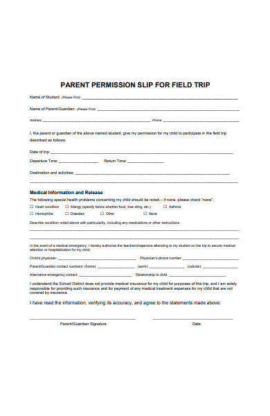 parent permission slip for field trip