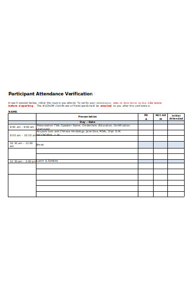 partciapant attendance verification form