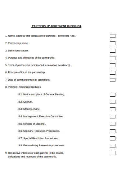 partnership agreement checklist form